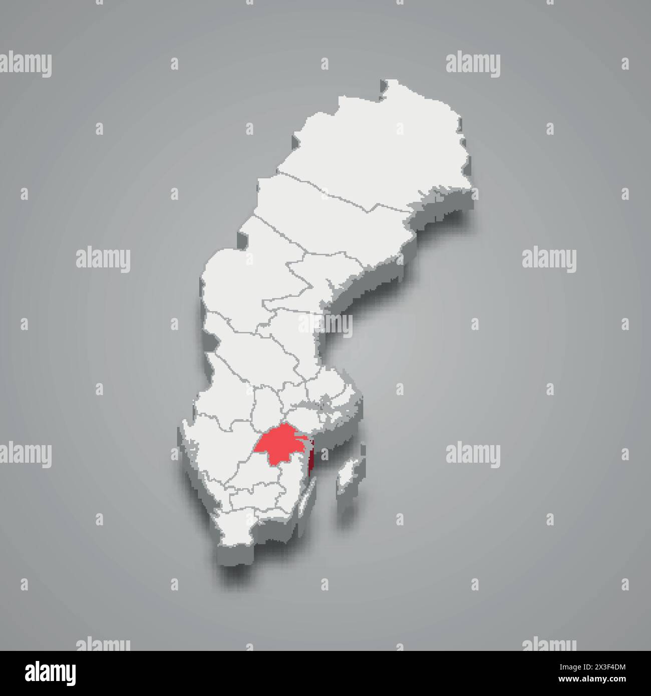 La contea di Östergötland è evidenziata in rosso su una mappa 3d grigia della Svezia Illustrazione Vettoriale