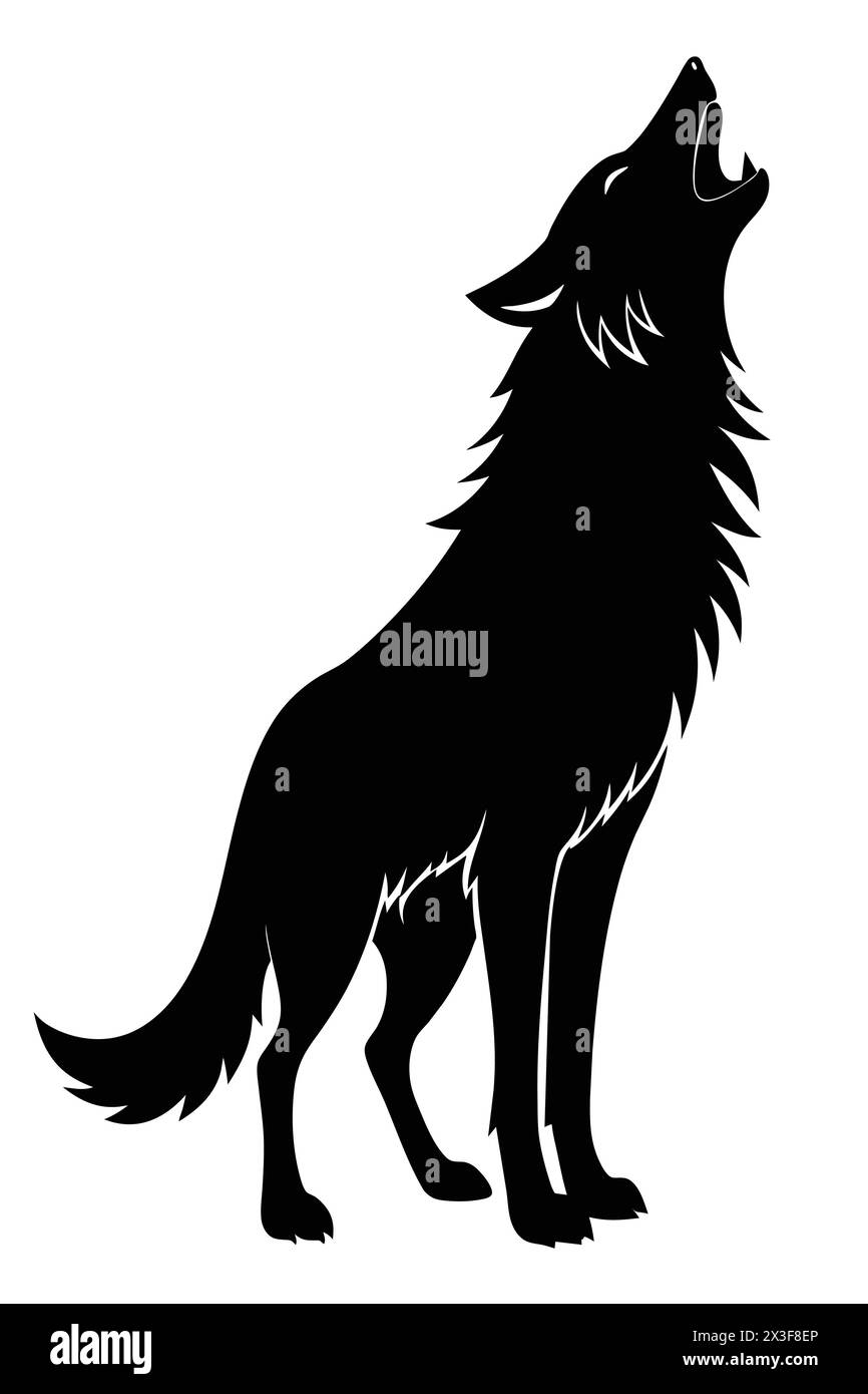 Design vettoriale della silhouette di Wolf nero ululato isolato su sfondo bianco Illustrazione Vettoriale