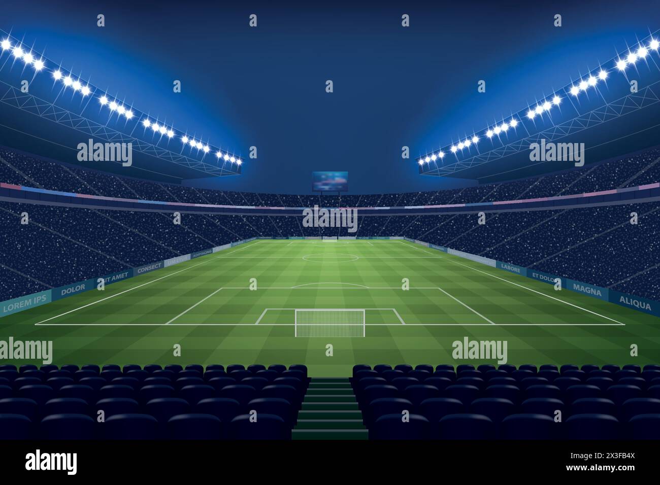 Moderno stadio di calcio illuminato dai riflettori di notte. Illustrazione vettoriale Illustrazione Vettoriale