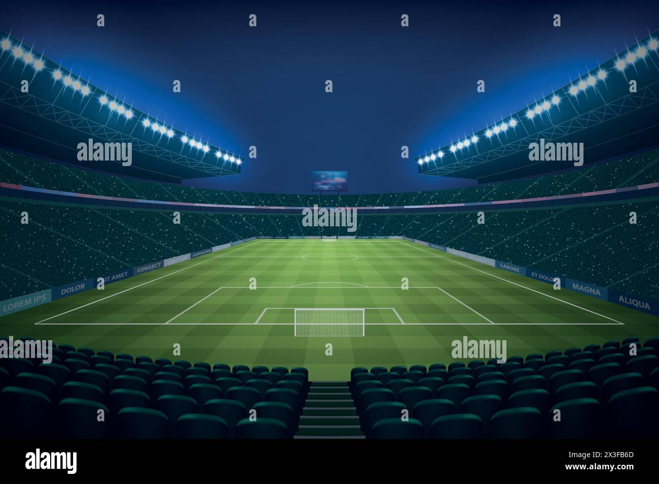 Moderno stadio di calcio illuminato dai riflettori di notte. Illustrazione vettoriale Illustrazione Vettoriale