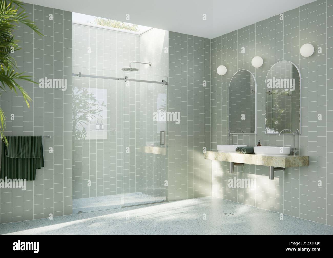 Interni di un bagno moderno con piastrelle in marmo e pareti architettoniche coperte. Foto Stock