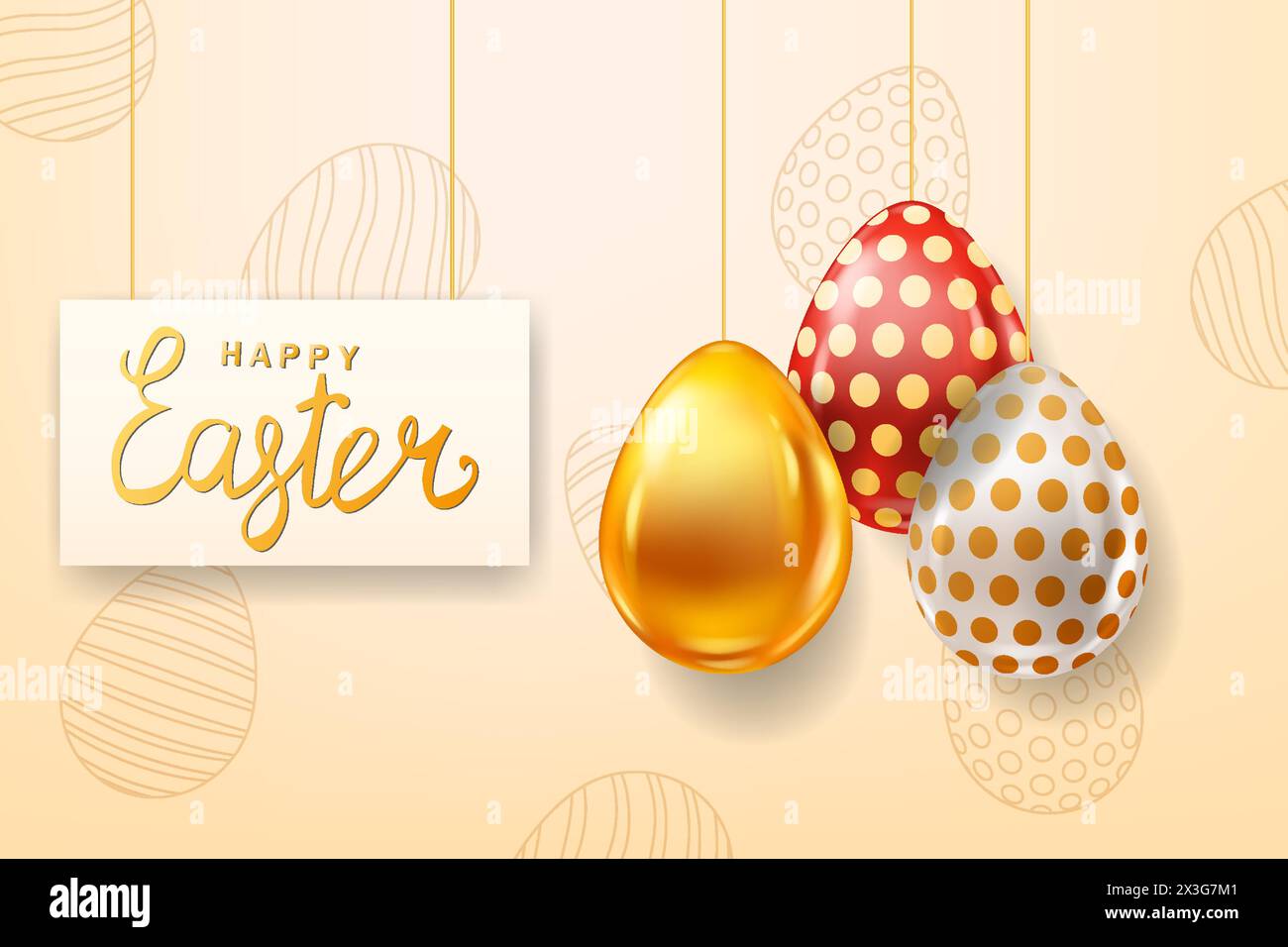 Modello di striscione con uova colorate, scritta Happy Easter. Decorazioni realistiche con uova dipinte. Poster delle festività primaverili, biglietto d'auguri, vettore volantino, il Illustrazione Vettoriale