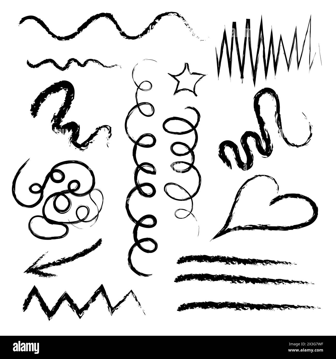 Set di forme astratte nere e scarabocchi. Design vettoriale scritto a mano isolato su bianco. Illustrazione Vettoriale