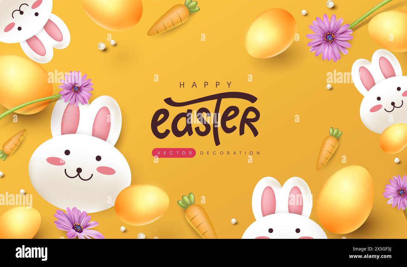 Sfondo del biglietto d'auguri di Pasqua con simpatico coniglio e uova di pasqua colorate. Illustrazione Vettoriale