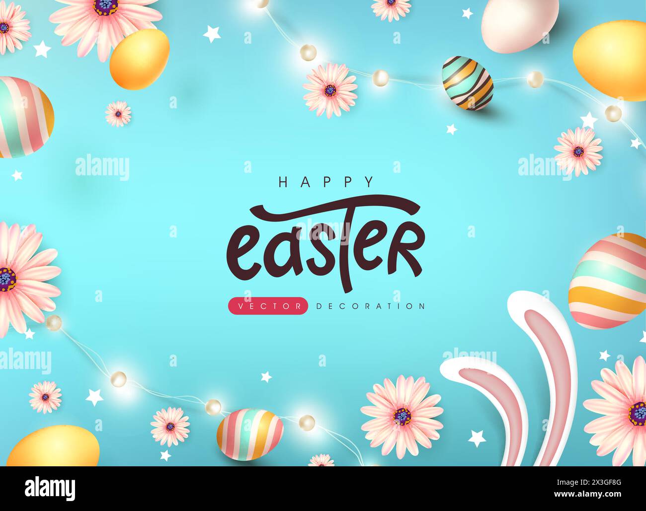 Sfondo del biglietto d'auguri di Pasqua con simpatico coniglio e uova di pasqua colorate. Illustrazione Vettoriale