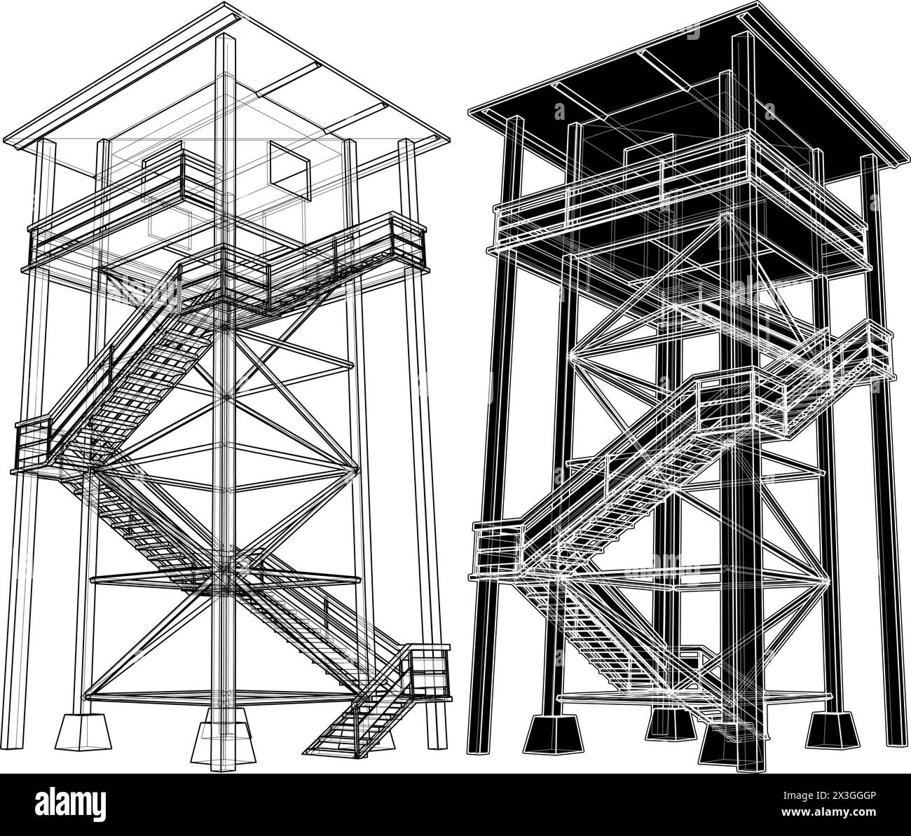 Torre di guardia Vector in legno. Illustrazione della struttura di costruzione isolata su sfondo bianco. Illustrazione Vettoriale