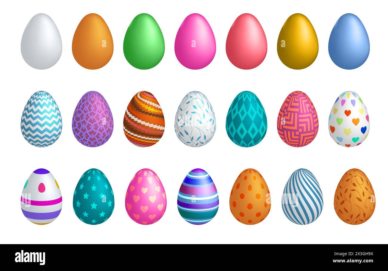 Un grande set di uova di Natale colorate dipinte in uno stile realistico per la festa cristiana di Pasqua. Illustrazione vettoriale Illustrazione Vettoriale