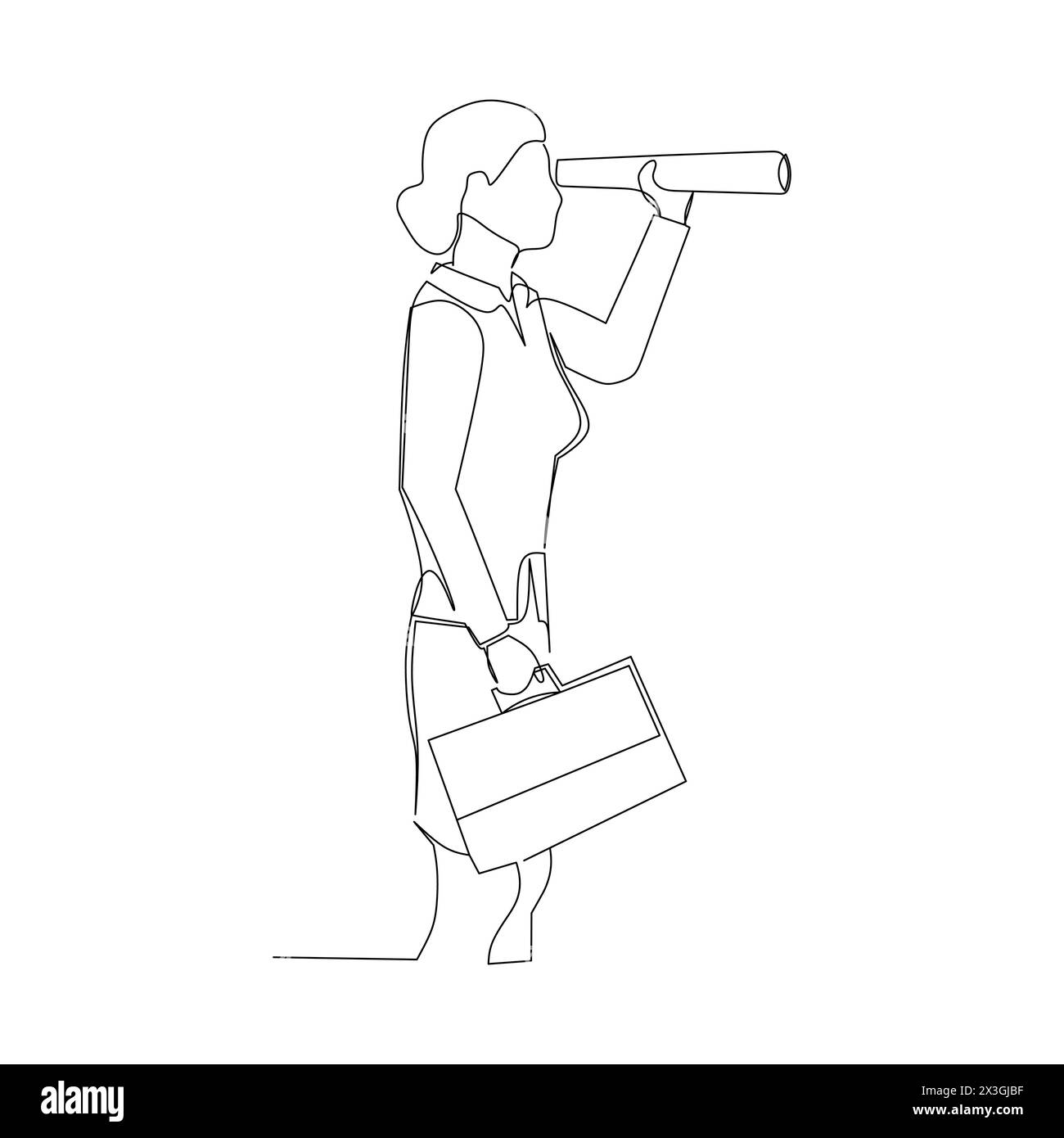 Donna d'affari con valigetta e telescopio. Strategico nella ricerca di opportunità nel concetto di business. Disegno a linea continua. Illustrazione vettoriale des Illustrazione Vettoriale