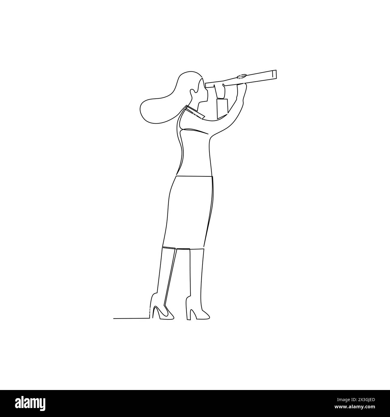 Donna d'affari che guarda attraverso Spyglass. Disegno a linea continua. Illustrazione vettoriale Illustrazione Vettoriale