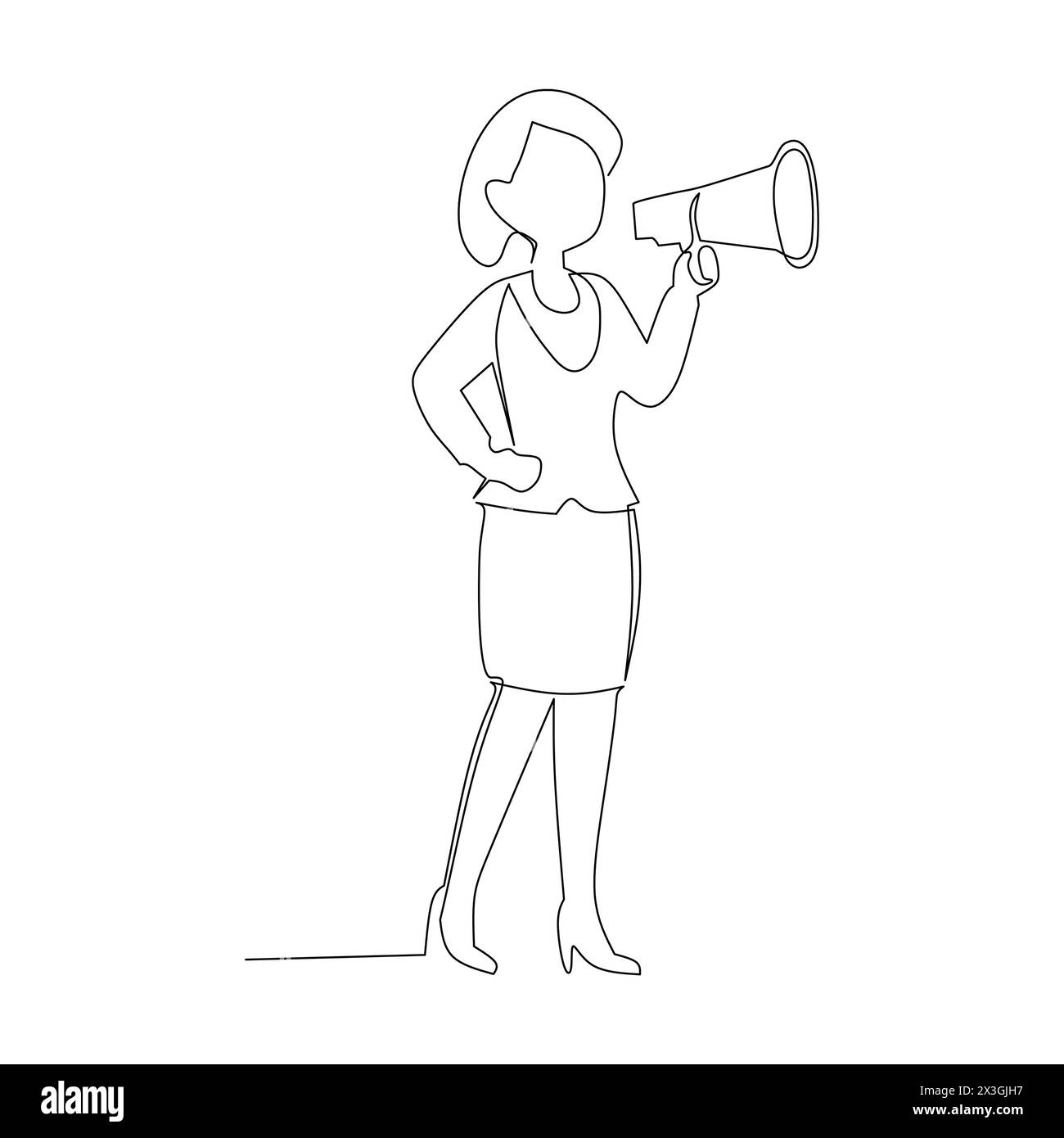 disegno continuo di donna con megafono. Illustrazione vettoriale per la pubblicità in ambito aziendale. Illustrazione Vettoriale