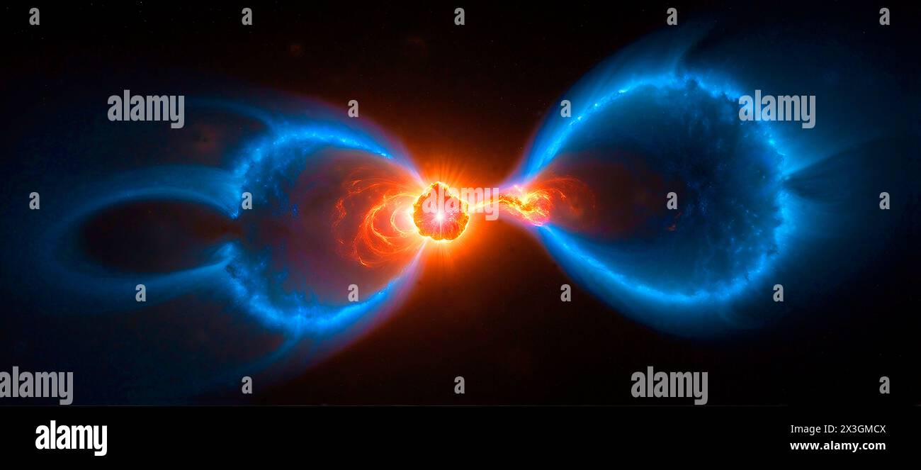 Stelle di neutroni in collisione, illustrazione. Tale collisione è nota come kilonova e produce onde gravitazionali e un fascio di raggi gamma. Si pensa che Kilonovae sia l'origine di tutti gli elementi più pesanti del ferro nell'universo. Foto Stock