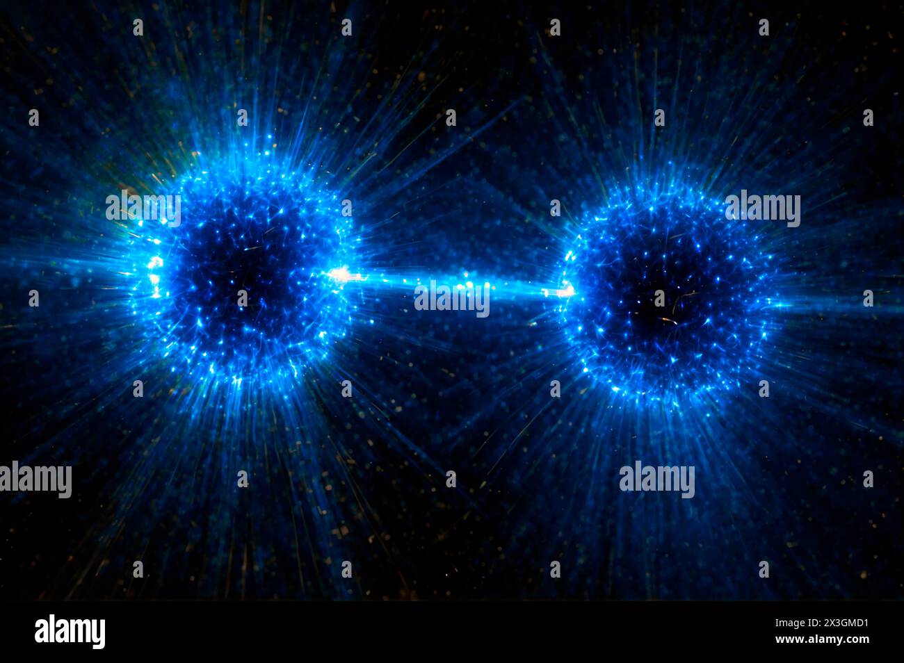 Stelle binarie di neutroni che stanno per scontrarsi, illustrazione. Tale collisione è nota come kilonova. Si pensa che Kilonovae sia l'origine di tutti gli elementi più pesanti del ferro nell'universo. Foto Stock