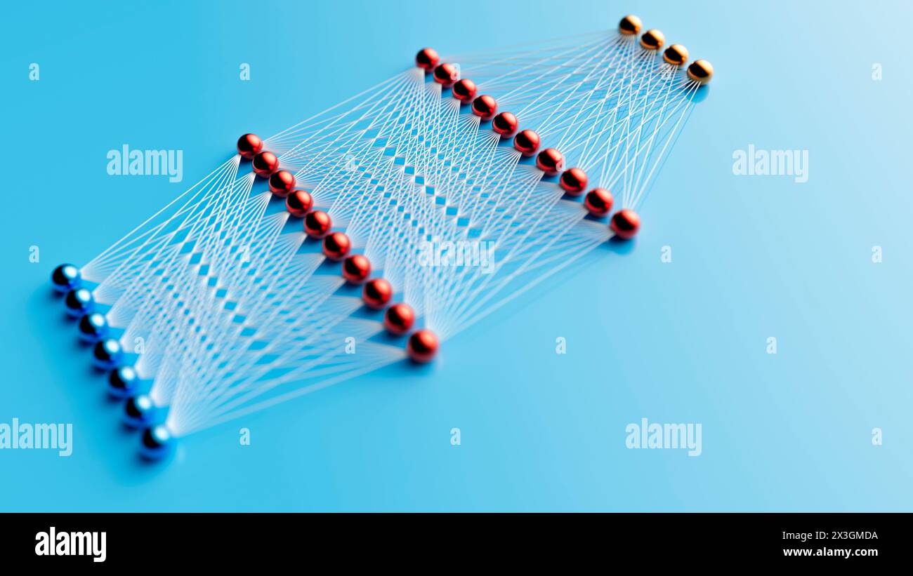 Rete neurale di intelligenza artificiale con feed forward profondo, illustrazione concettuale. Foto Stock