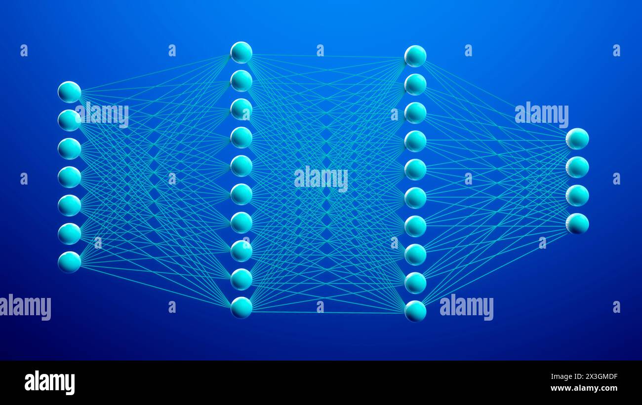 Livelli di rete neurale dell'intelligenza artificiale, illustrazione concettuale. Foto Stock