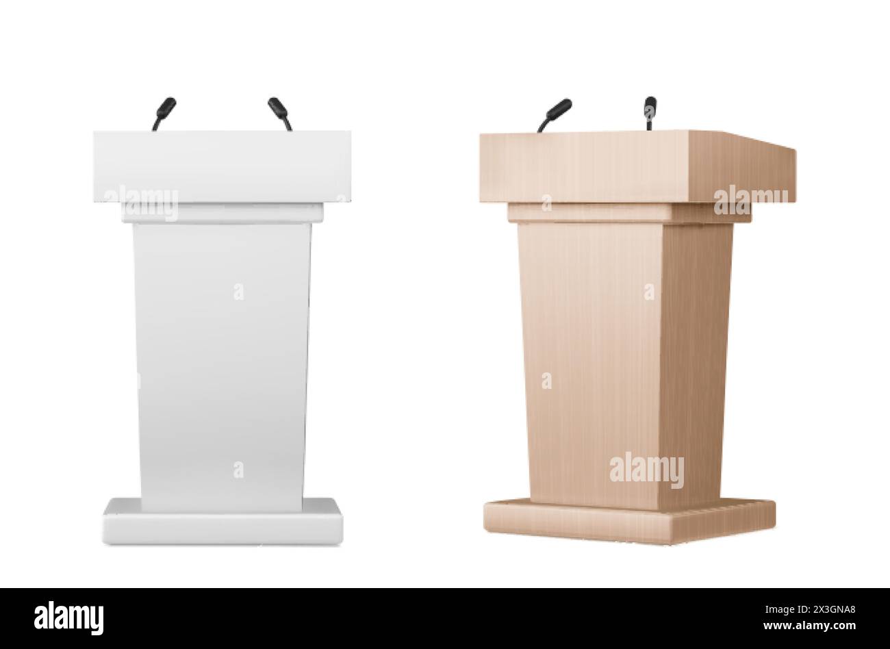 Tribuni podio in legno isolati su fondo bianco. Illustrazione vettoriale realistica del rostrum per dibattito, conferenza stampa, seminario parlare Illustrazione Vettoriale