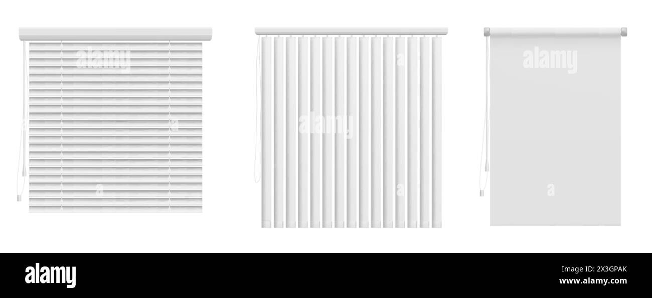 Tendine per finestre isolate su sfondo bianco. Illustrazione vettoriale realistica di persiane bianche orizzontali e verticali, sfumatura jalousie per h Illustrazione Vettoriale
