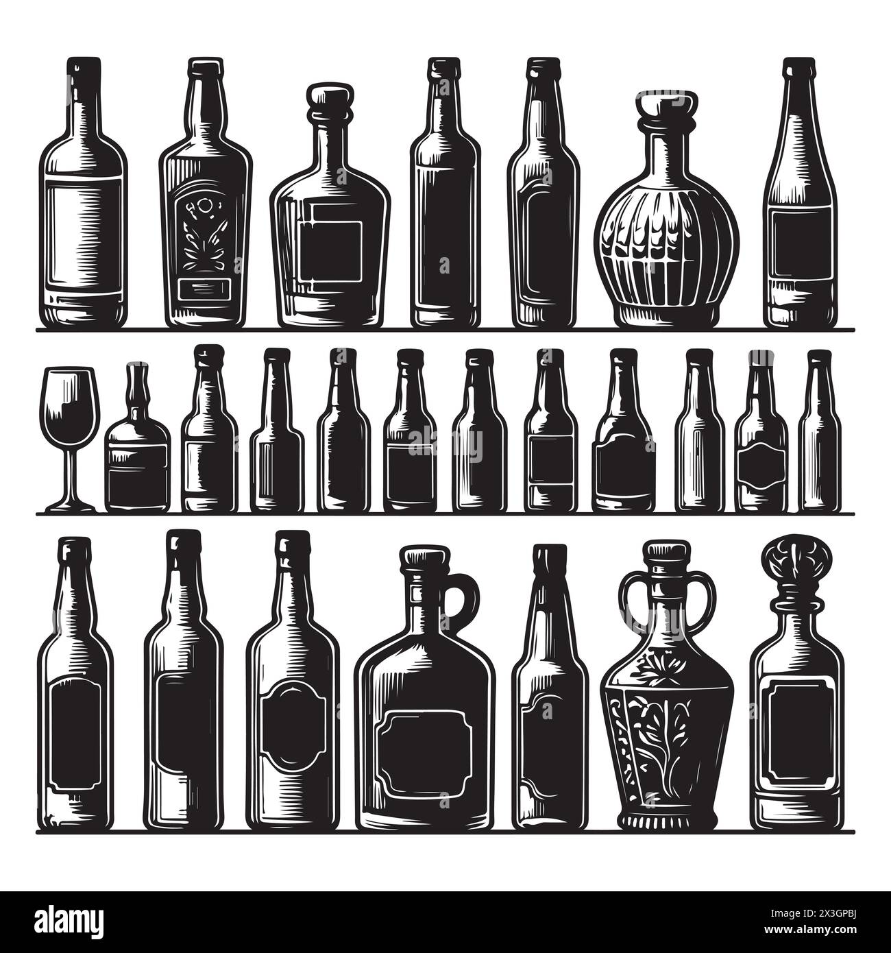 Set sagoma nera di vari flaconi, illustrazione vettoriale Illustrazione Vettoriale