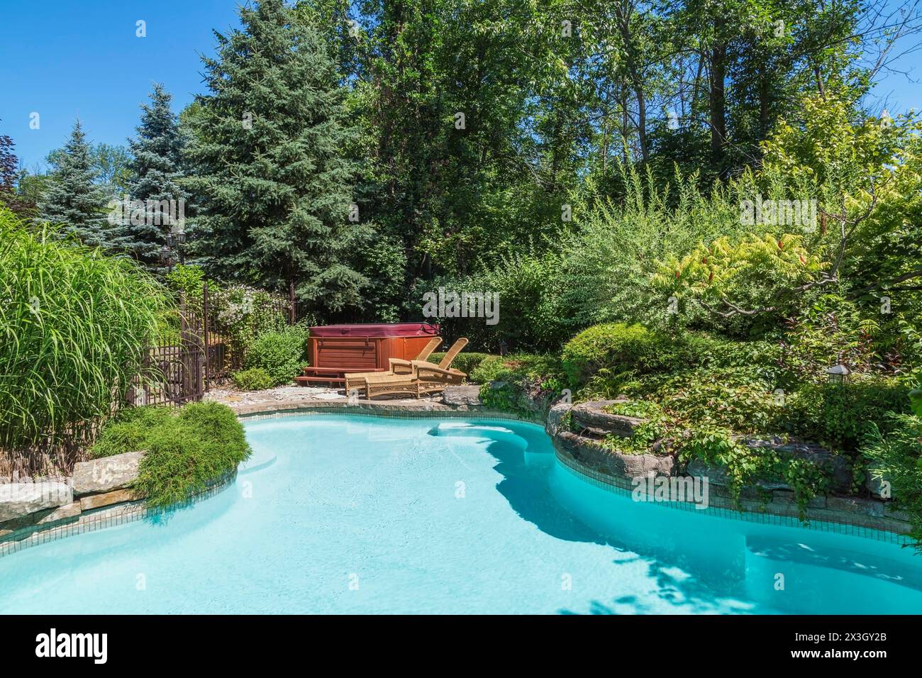 Piscina al piano terra circondata da recinzione di sicurezza in metallo battuto color rame e varie piante perenni, arbusti e alberi in zona residenziale Foto Stock