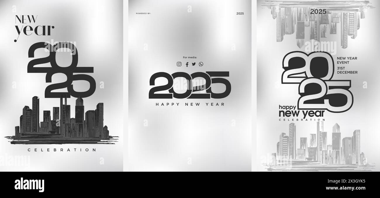 Design moderno e 2D felice anno nuovo 2025 con numeri neri su sfondo bianco. Design vettoriale premium per saluti, banner, poster, calendari. Illustrazione Vettoriale