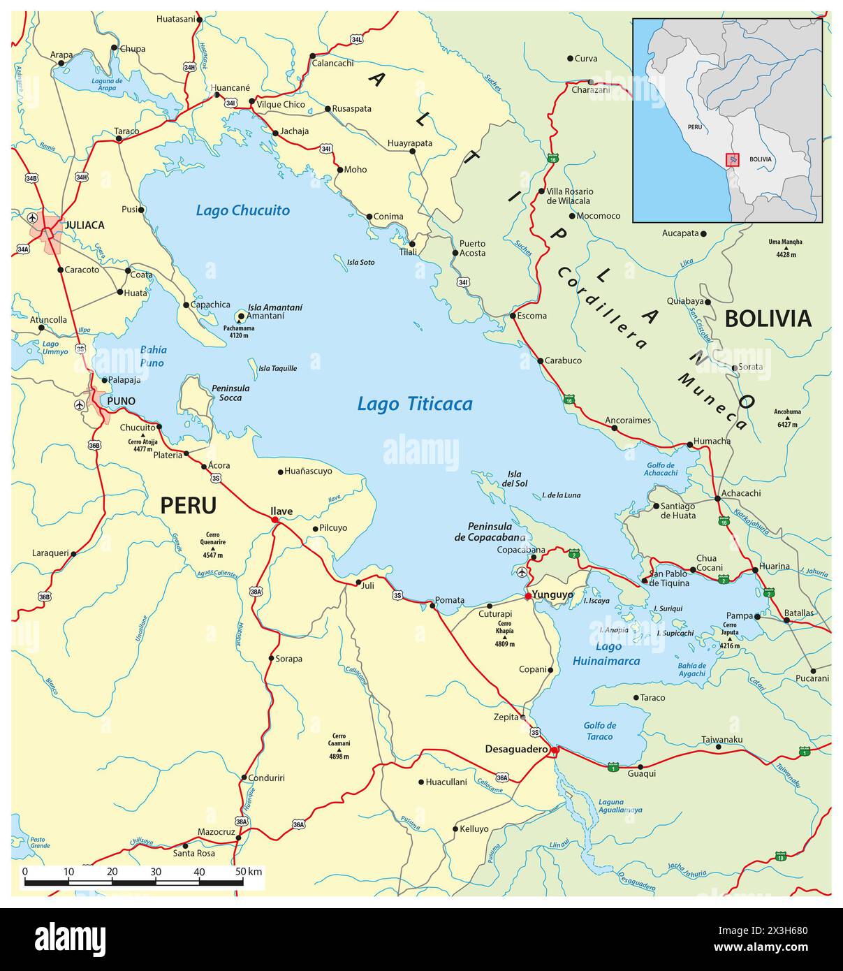Mappa del grande lago sudamericano di acqua dolce Titicaca, Perù, Bolivia Foto Stock