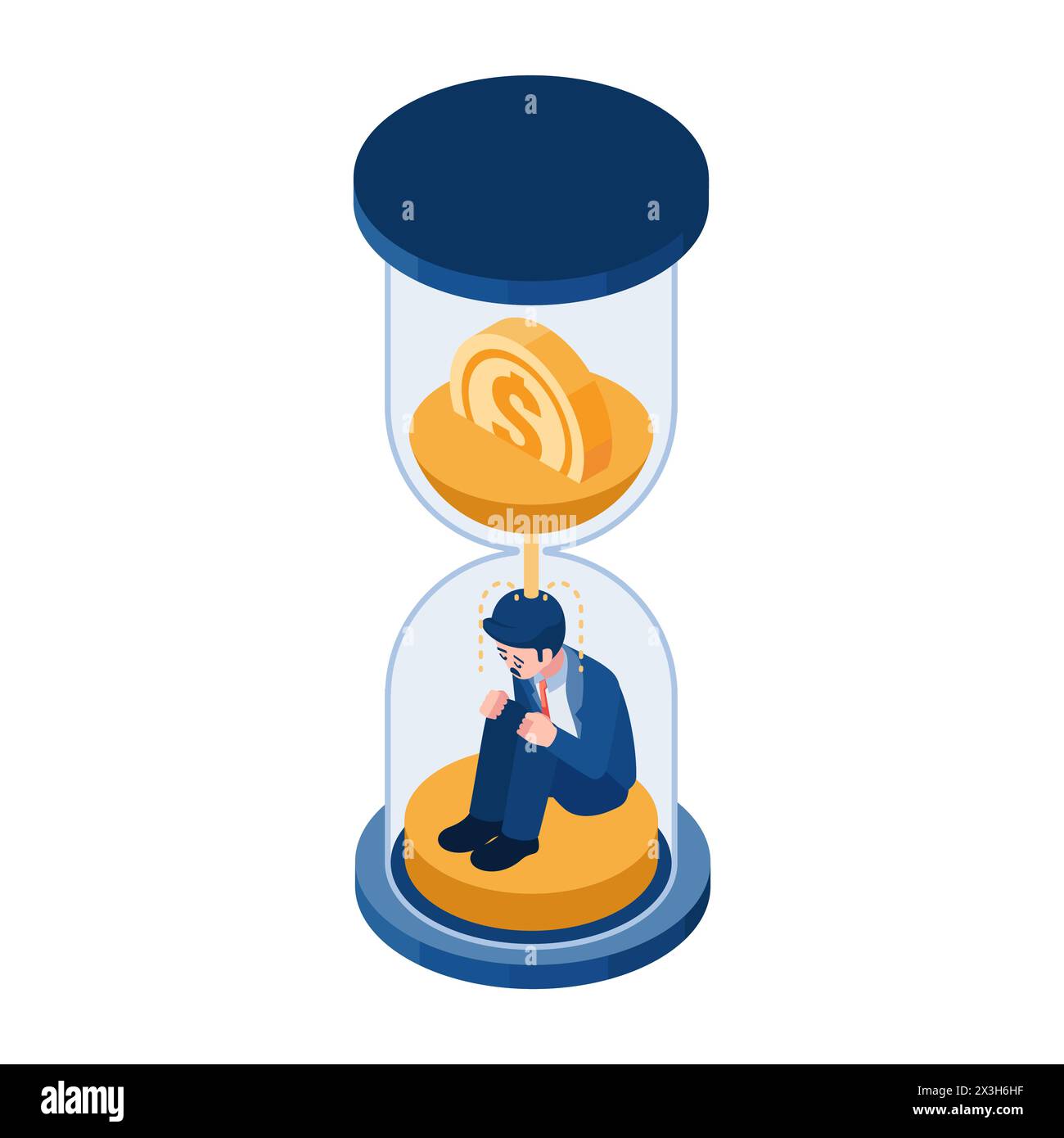 Uomo d'affari isometrico 3d Flat Sit Inside Dollar Sand Clock Countdown. Concetto di crisi finanziaria. Illustrazione Vettoriale