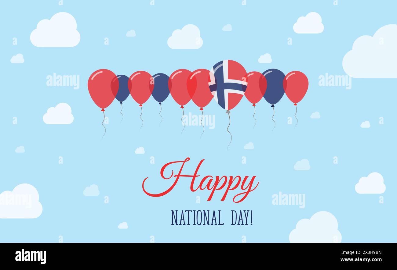 Poster patriottico scintillante del giorno dell'indipendenza della Norvegia. Fila di palloncini nei colori della bandiera norvegese. Biglietto di auguri con bandiere nazionali, Skyes blu e. Illustrazione Vettoriale