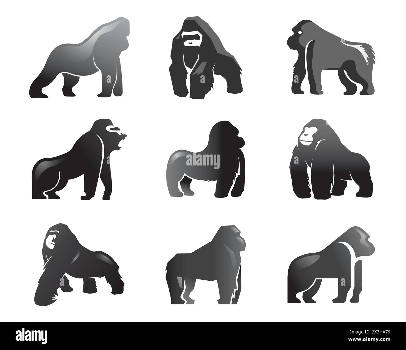 Illustrazione del simbolo del disegno vettoriale del logo del gorilla nero creativo Silverback silhouette Set Collection Illustrazione Vettoriale