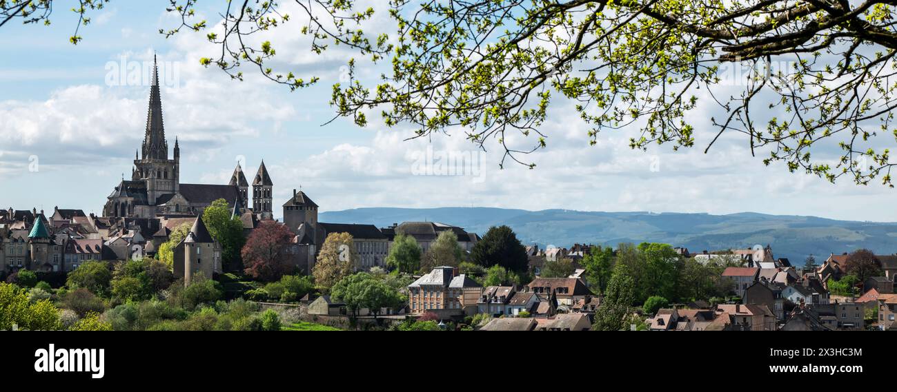 Un panorama della cattedrale di Autun con alberi in primo piano Foto Stock