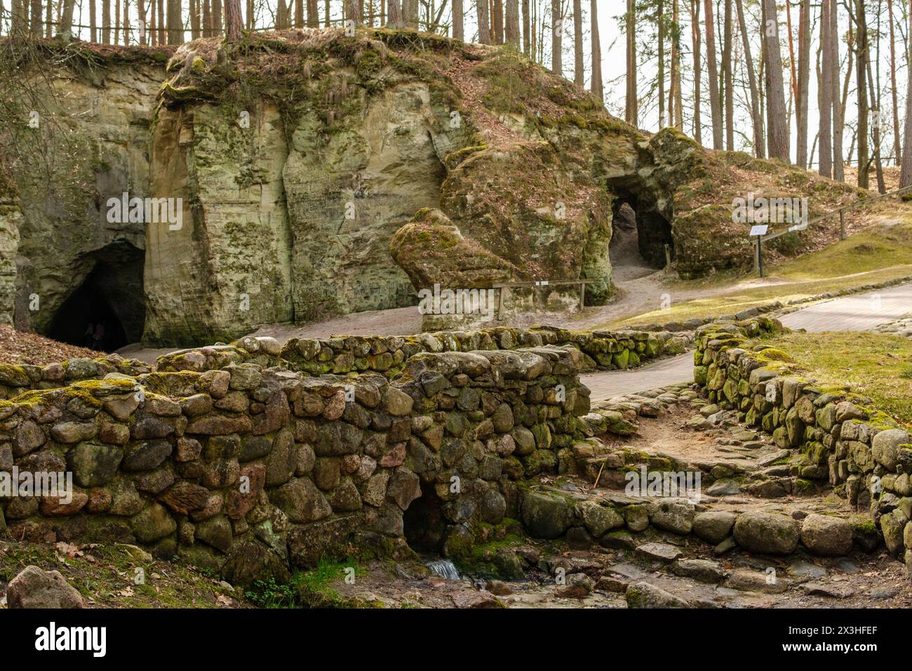 Le piccole scogliere dell'Inferno vicino a Cesis sono alte, la loro aspra bellezza testimonia le antiche forze che hanno plasmato il paesaggio della Lettonia. Foto Stock