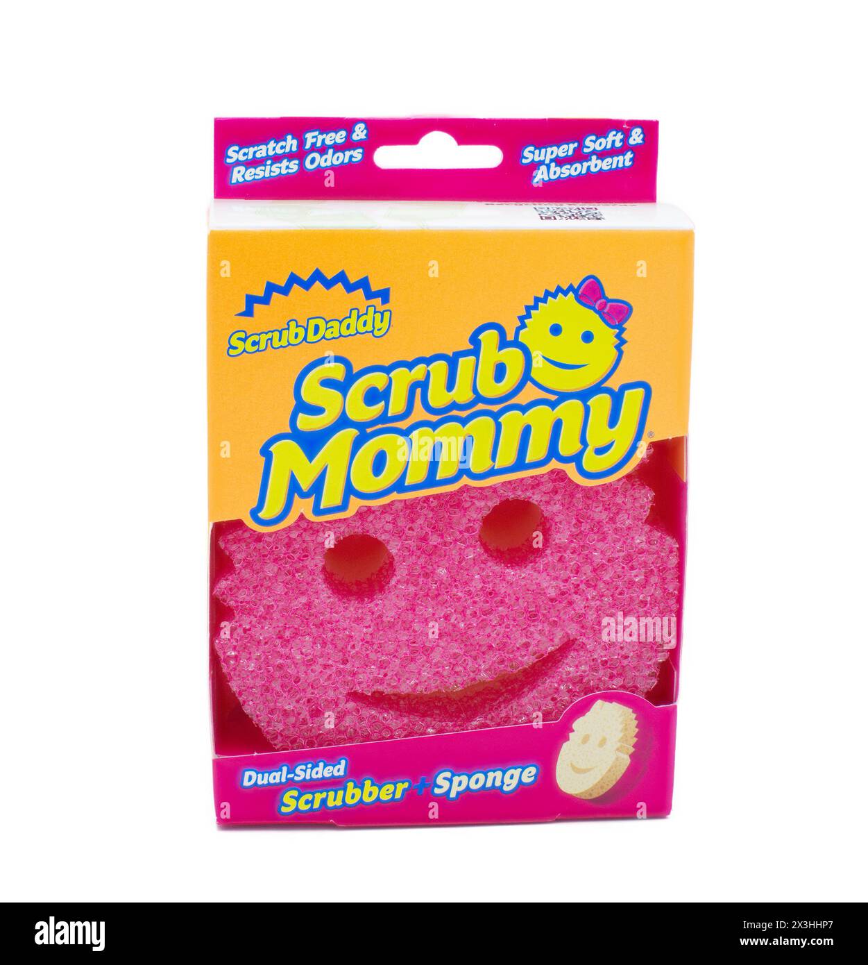 Ocala, Florida 26 gennaio 2024 Scrub Mommy and Daddy spugne omonime a forma di faccia sorridente realizzate in un polimero altamente tecnologico, in mostra Foto Stock