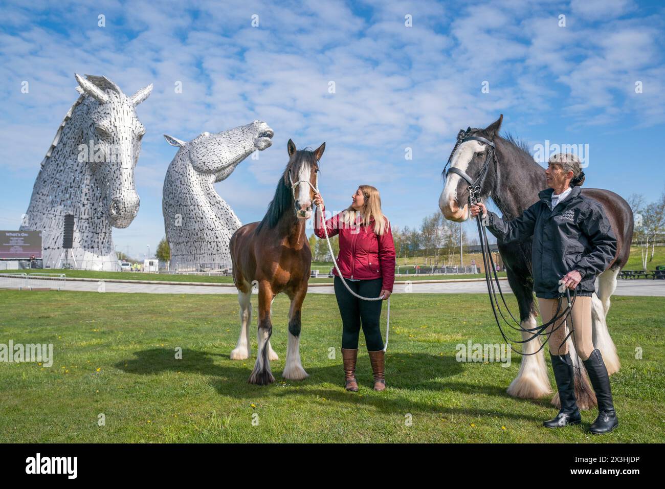 Kelly Stirling (a sinistra) e Amanda Merchant (a destra) con i cavalli Clydesdale Iona e Maggie May durante un giorno speciale per celebrare il decimo anniversario della scultura Kelpies a Falkirk. Data foto: Sabato 27 aprile 2024. Foto Stock
