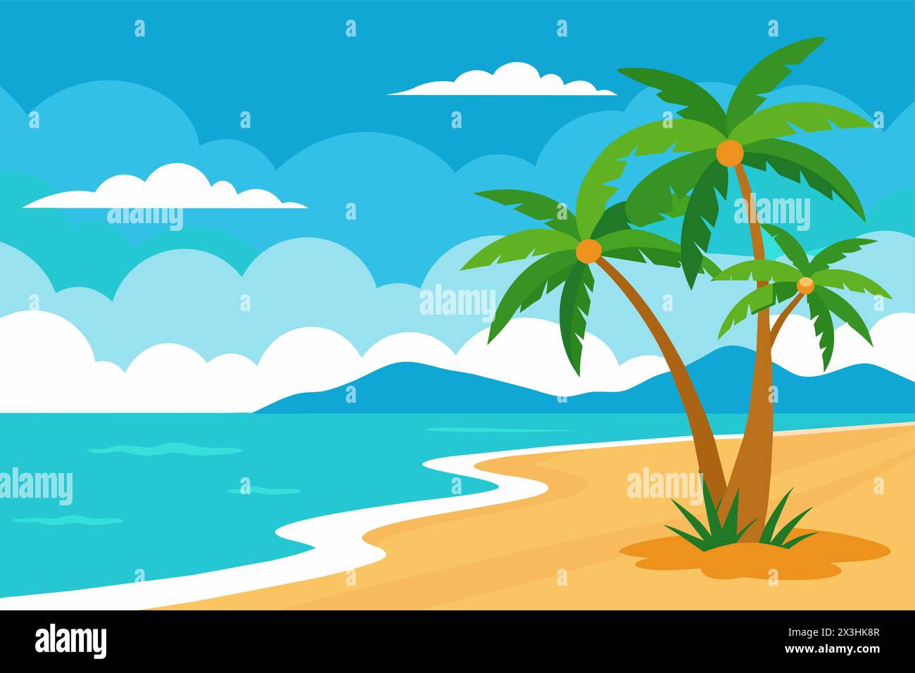 Paesaggio tropicale fronte oceano in colori vivaci. Spiaggia tranquilla con palme e acqua cristallina. Illustrazione grafica. Concetto di vacanza, Coas Illustrazione Vettoriale