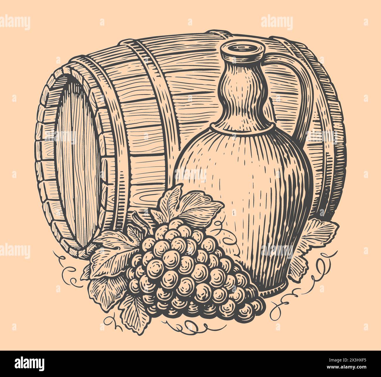 Concetto di vino e bevanda. Caraffa, grappolo di uva e botte di legno. Schizzo di illustrazione vettoriale vintage Illustrazione Vettoriale