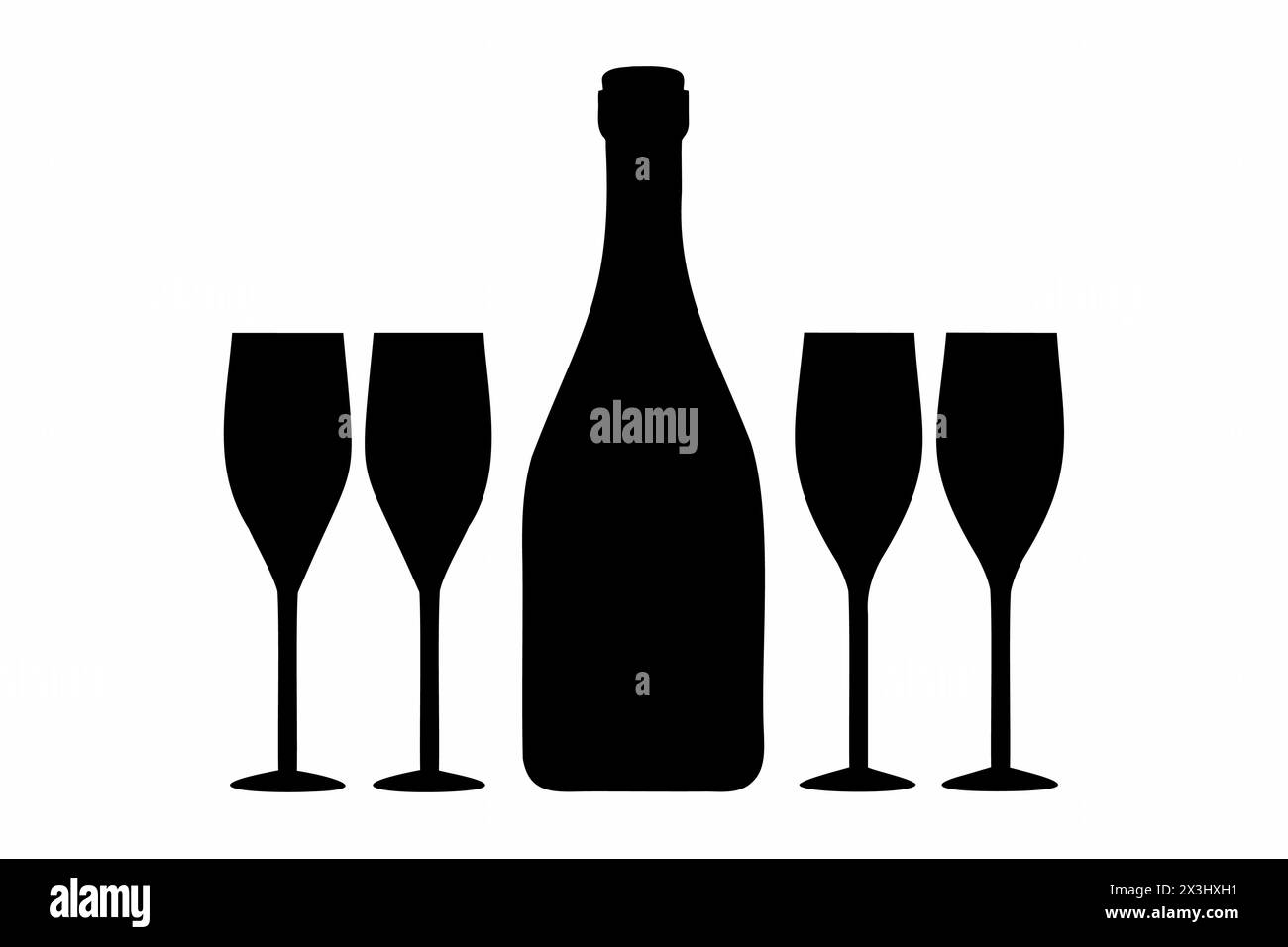 Silhouette di una bottiglia di champagne con quattro bicchieri. Illustrazione grafica in bianco e nero isolata su sfondo bianco. Design minimalista. Concetto di festa, Capodanno, Natale, brindisi Illustrazione Vettoriale