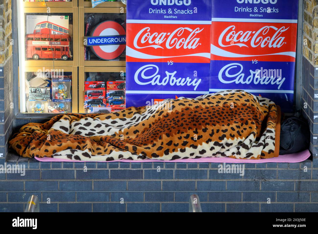 Dormiente, senzatetto, in una vetrina sotto un ponte, Londra Foto Stock
