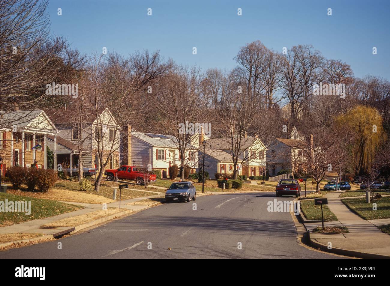 Quartiere di classe media dei Suburbani americani a fine autunno. Alexandria, Virginia, Stati Uniti. Foto Stock