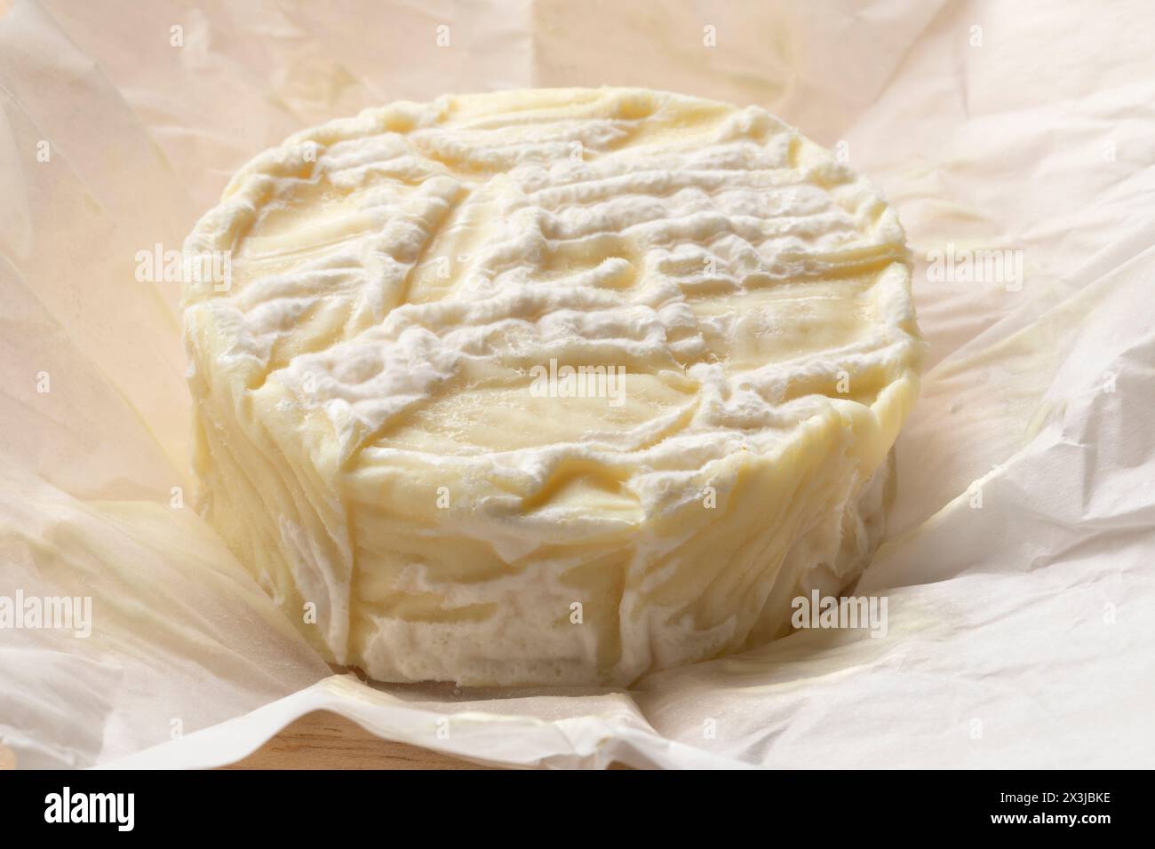 Formaggio di capra Pico francese unico, cremoso, disimballato su carta da primo piano Foto Stock