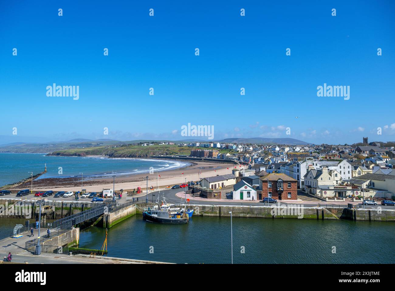 Vista sulla città di Peel, Isola di Man, Inghilterra, Regno Unito Foto Stock