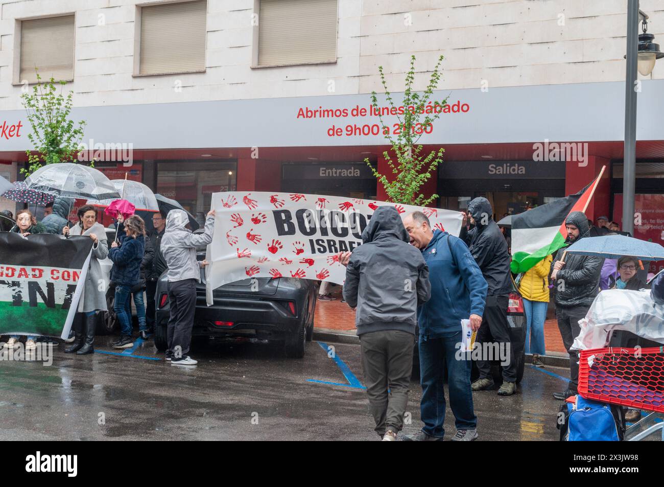 Dimostrazione a sostegno di Gaza e della Palestina a Logroño. Condurre un'azione di boicottaggio contro i supermercati Carrefour, per il loro sostegno a Israele. Foto Stock