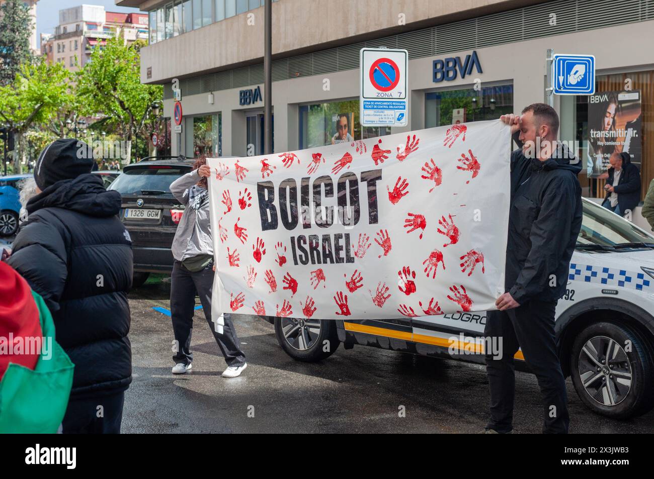 Dimostrazione a sostegno di Gaza e della Palestina a Logroño. Condurre un'azione di boicottaggio contro i supermercati Carrefour, per il loro sostegno a Israele. Foto Stock