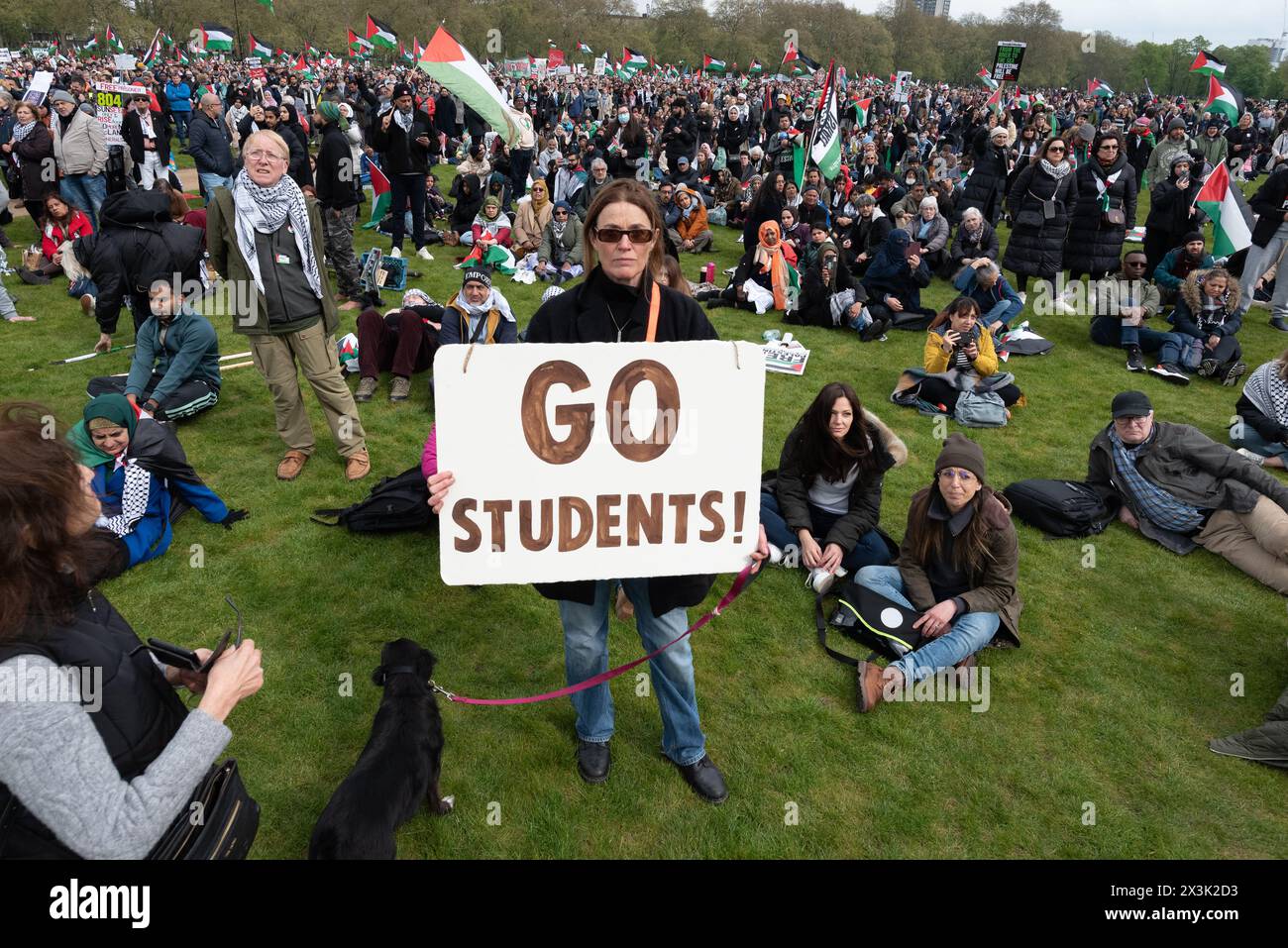 Londra, Regno Unito. 27 aprile 2024. Una donna ha un cartello con scritto "Vai studenti!" - Un riferimento alle proteste studentesche pesantemente sorvegliate negli Stati Uniti - mentre grandi folle di sostenitori palestinesi si radunano a Hyde Park chiedendo un cessate il fuoco e la fine del sostegno del Regno Unito e degli Stati Uniti all'assedio, al bombardamento e all'invasione di Gaza da parte di Israele a seguito di un attacco di militanti di Hamas. La protesta è stata la tredicesima marcia nazionale contro la guerra di Israele a Gaza, iniziata nell'ottobre 2023 ed è stata descritta dallo studioso dell'Olocausto Raz Segal come un "caso da manuale di genocidio”. Crediti: Ron Fassbender/Alamy Live News Foto Stock