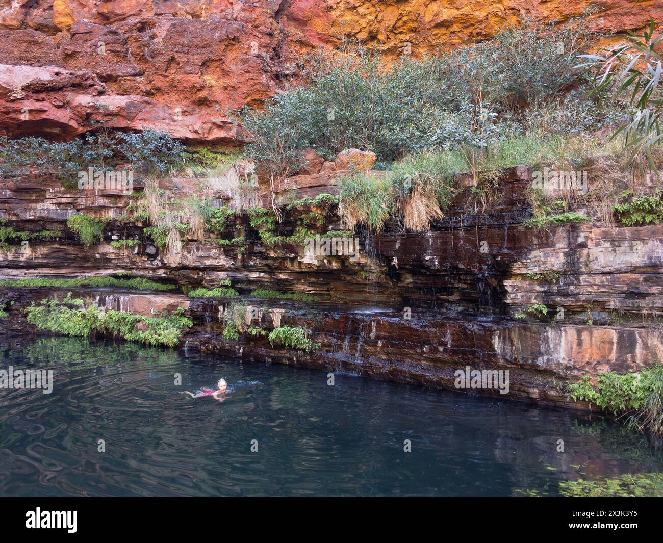 KARIJINI, AUSTRALIA occidentale - 10 LUGLIO 2018: Donna che nuota nelle fredde acque della Circular Pool a Dales Gorge, Karijini, Australia Occidentale Foto Stock