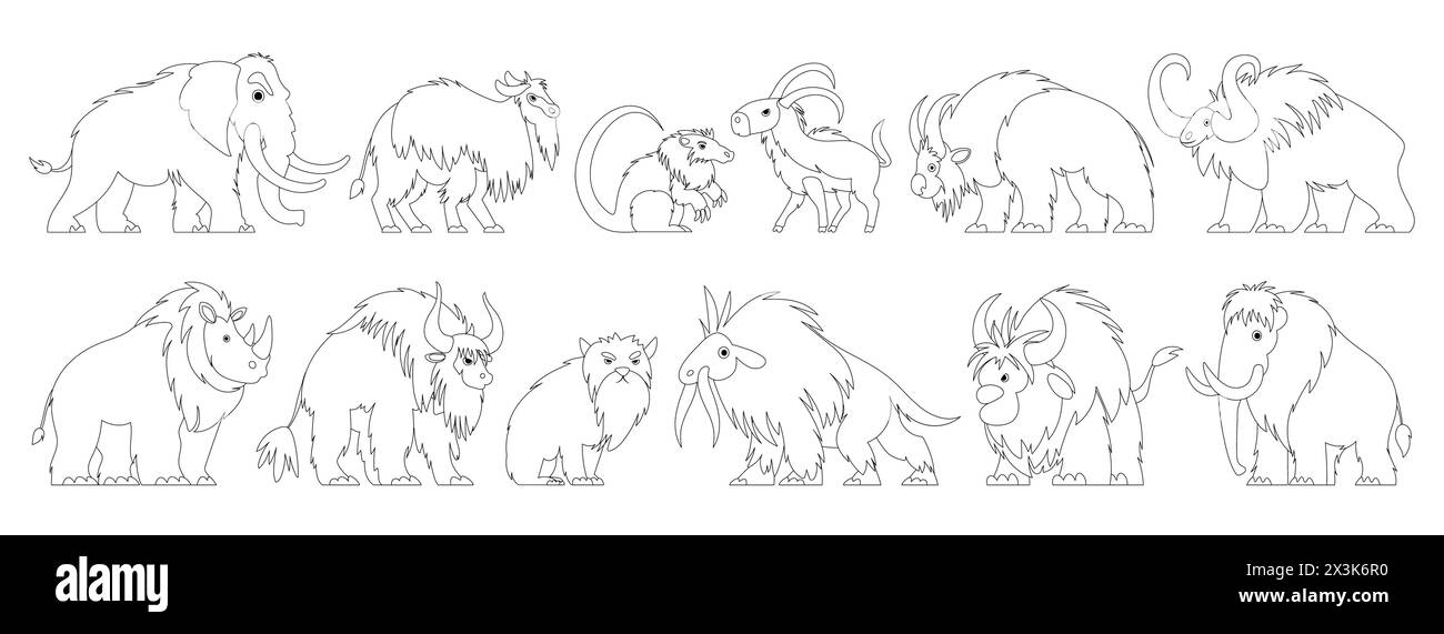 Serie di icone di linee nere di animali primitivi, bestie antidiluviane dell'età della pietra. Elefante, mammut, bufalo, toro, bisonte, dente di sciabola, gatto selvatico Illustrazione Vettoriale