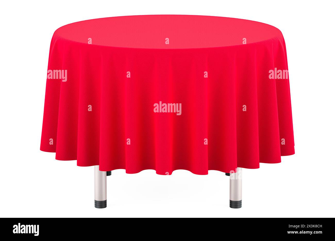 Tavola rotonda con tovaglia rossa. Rendering 3D isolato su sfondo bianco Foto Stock