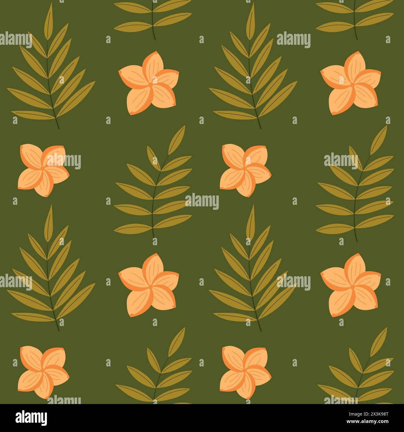 Disegno a mano senza cuciture con foglie di palma tropicale e fiori. Sfondo botanico ripetuto Illustrazione Vettoriale