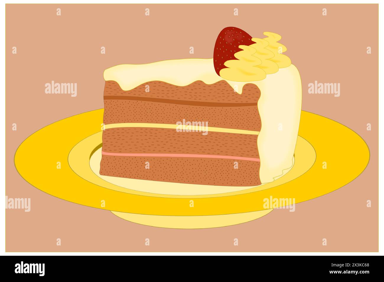 La fetta di torta con fragole, glassa bianca e panna montata su un piatto giallo Illustrazione Vettoriale
