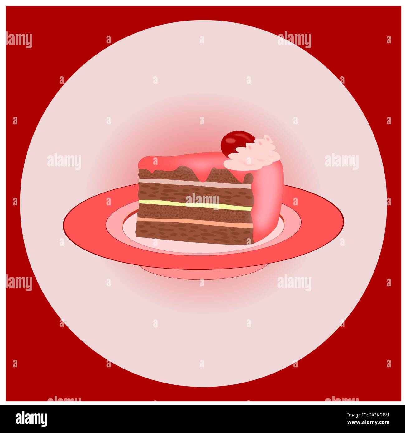 Il simbolo della torta con ciliegie, glassa e panna montata su un piatto rosa in una cornice quadrata rossa con un cerchio Illustrazione Vettoriale