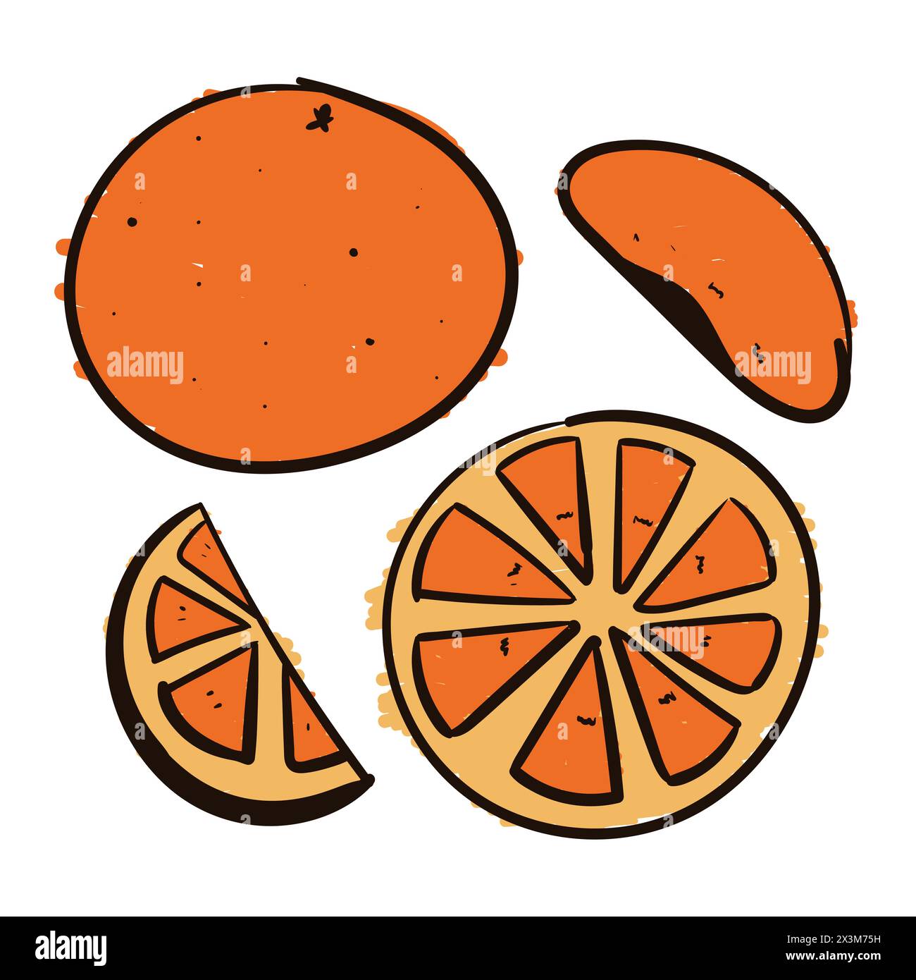 Set di disegni di frutta arancione icone Vector Orange Scribbles Doodle. Vettore arancione Illustrazione Vettoriale