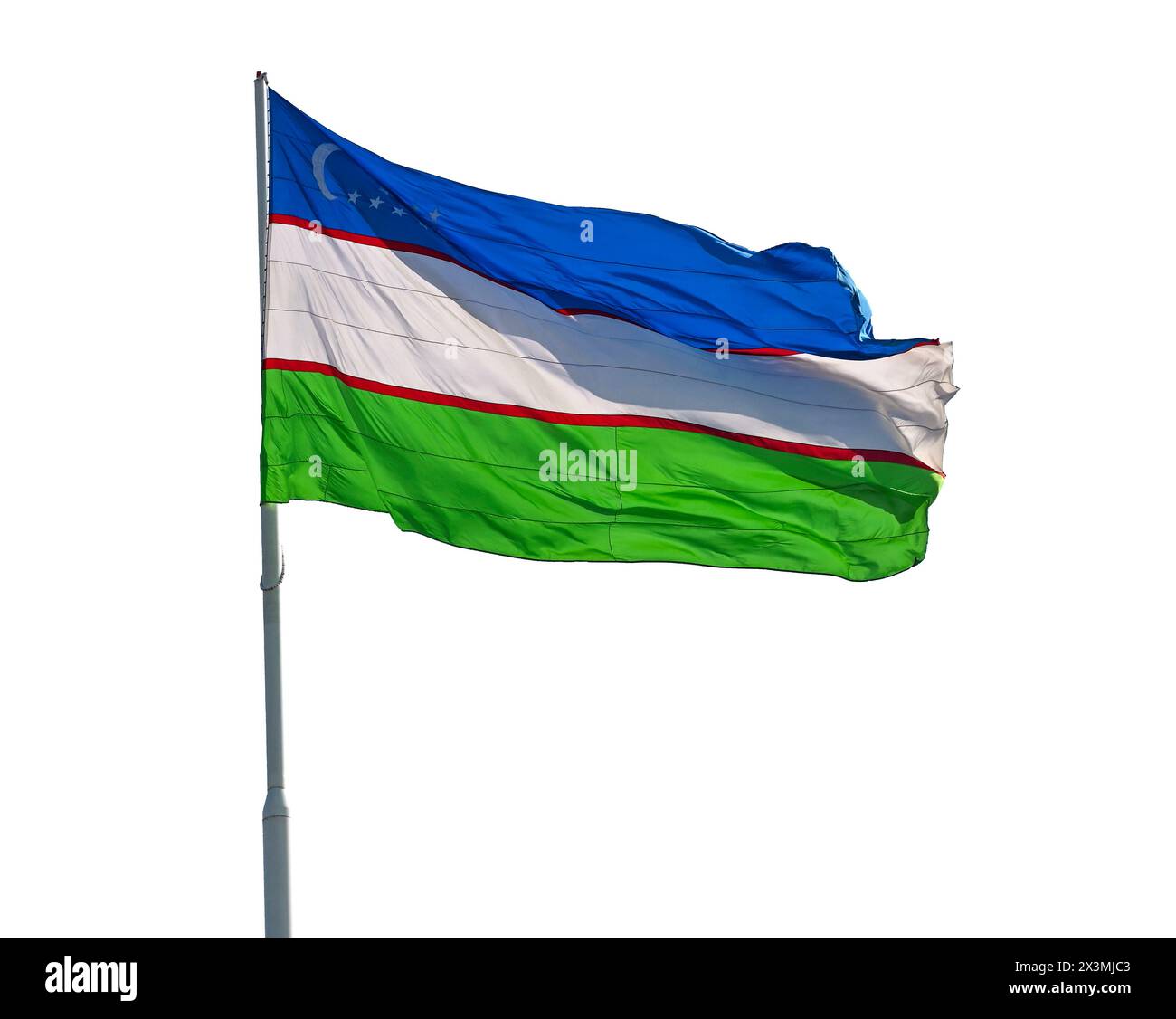 Bandiera uzbeka o bandiera uzbeka isolata sul bianco Foto Stock