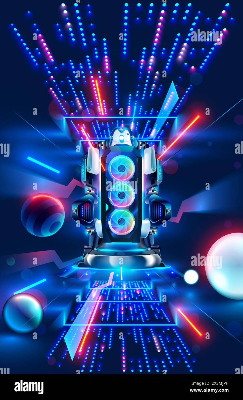 Modello di poster per feste musicali elettroniche in colori neon. Altoparlante musicale con retroilluminazione al neon al buio. Impianto audio sullo sfondo dell'elettronica digitale Illustrazione Vettoriale